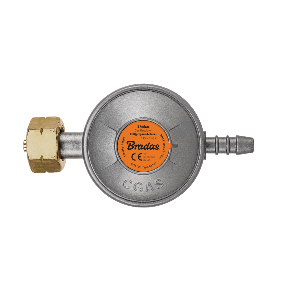 Reduktor gazowy z zaworem bezpieczeństwa EFV, 37 mbar / 1,5 kg/h / 9 mm / kolorowy worek  1