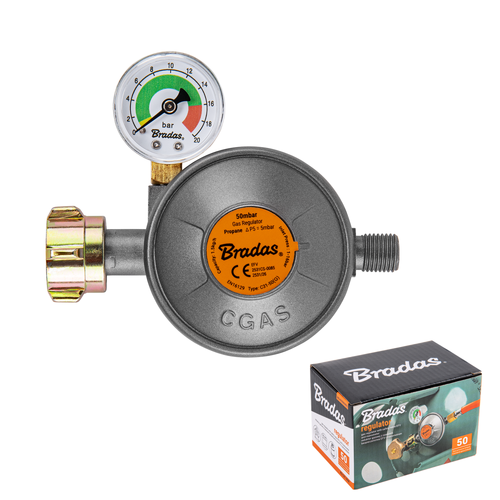 Reduktor gazowy z manometrem i zaworem bezpieczeństwa EFV 50 mbar / 1,5 kg/h / G1/4» -LH / pudełko 1