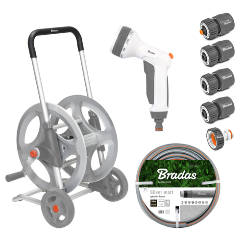 WHITE LINE Metalowy wózek z wężem 1/2" 50m i akcesoriami SILVER PRO SET  1